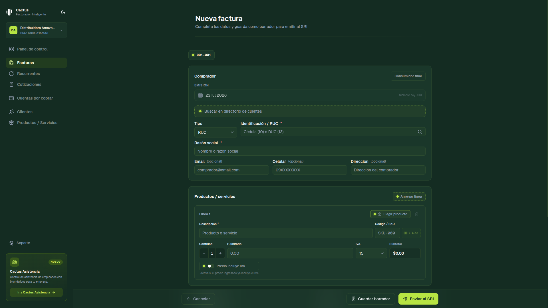 Nueva factura en Cactus